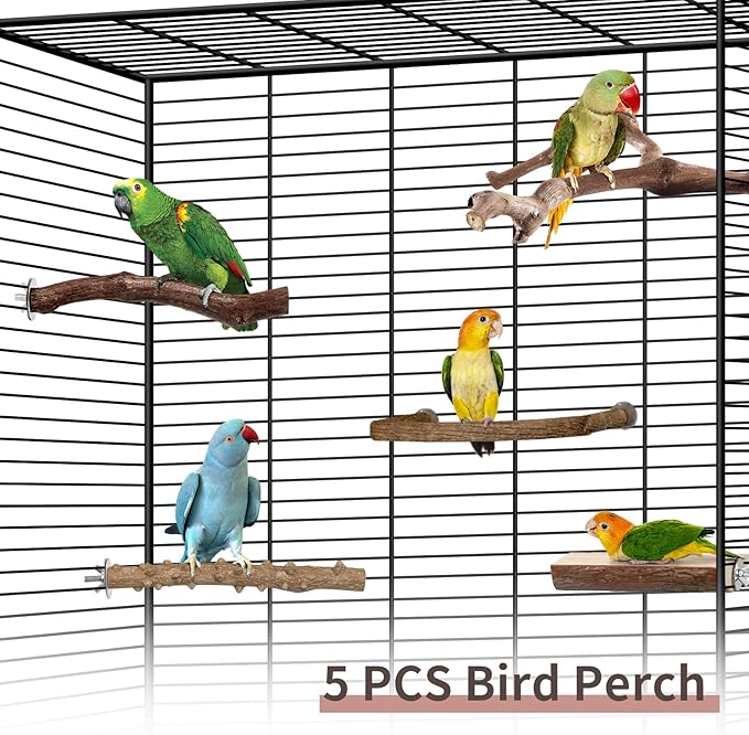 Bird Perches, 5pcs Natural Wood Birds Stand Branch, Bird Perch Chewing Stick Cage Accessories Parrot Climbing Standing Branches Paw Grinding Fork Sets for Cockatiels Ringneck Parrots