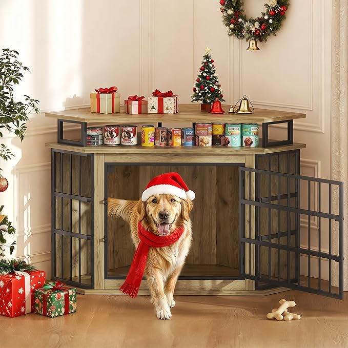 51" Corner Dog Crate Furniture, Wooden Dog Kennel Furniture with 2-Tier Shelves, Decorative Wood Dog House for Small/Medium/Large Dog, Space-Saving Dog Cage for TV Stand(Oak)