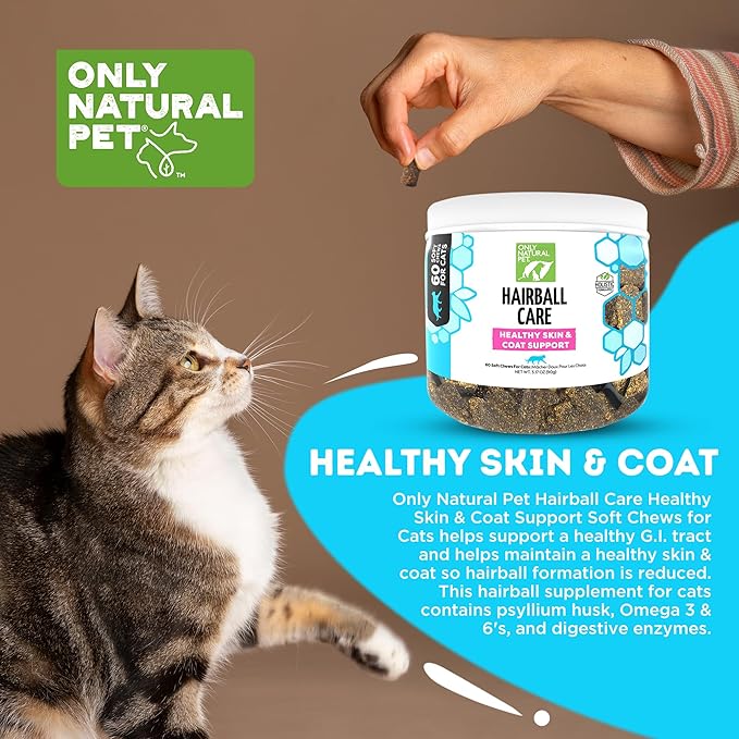 Only Natural Pet Hairball Care - Healthy Skin and Coat Support - Soft Chews for Cats – Digestive Supplement with Flaxseed, Psyllium Husk and Corn Silk – Chicken and Liver Flavor – 60 Count