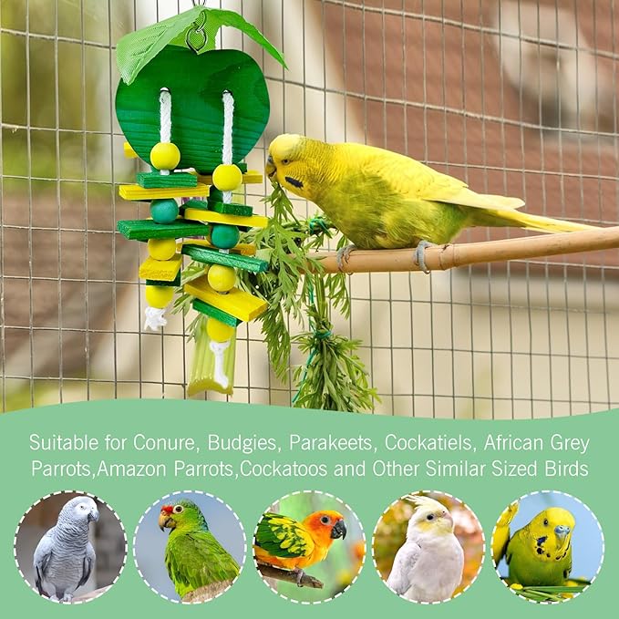 Hamiledyi Natural Wood Block Bird Cage Toys Parrot Chewing Toy Apple&Grape&Pear&Strawberry Shaped Hanging Foraging Toy for Small&Medium Birds Parakeets Cockatiels,4pcs