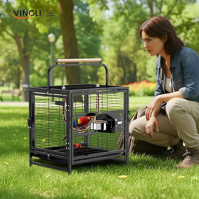 VINGLI Bird Cage, 25 inch Wrought Iron Bird Travel Carrier, Cage with Handle for Parakeets, Parrot, Lovebirds, Finches, Small/Medium Birds