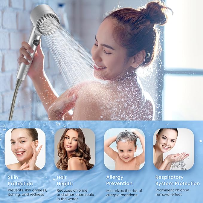 Filtered Shower Head with Handheld, High Pressure Water Flow and Multiple Spray Modes Shower Head with Filter, Power Wash for Hard Water, Showerhead with ON/OFF Switch for Pets Bath (Silver)