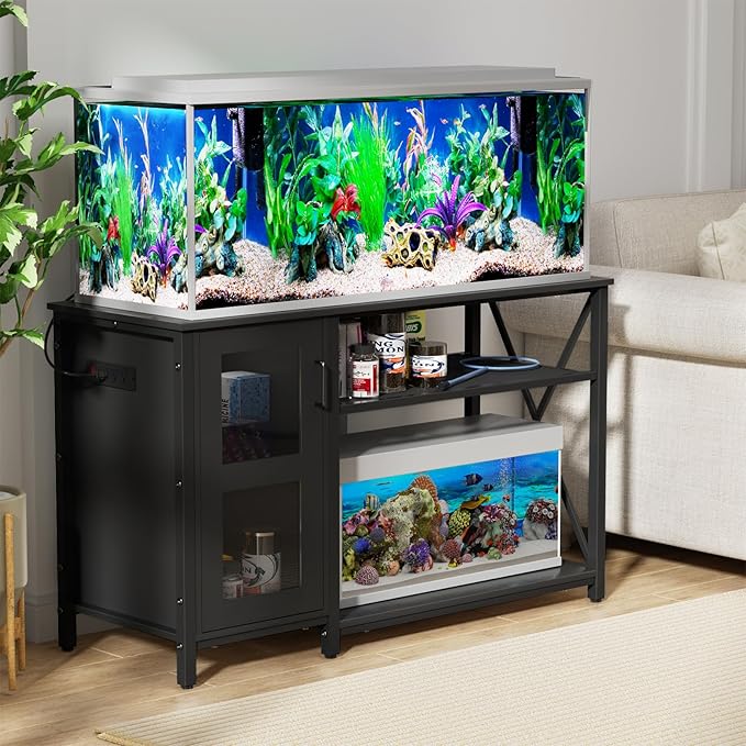 55-75 Gallon Fish Tank Stand , Aquarium Stand with Cabinet & Power Outlets for Fish Tank Accessories Storage, Heavy Duty Metal Terrarium Stand, 52" L*19" W Tabletop, 1200LBS Capacity, Black