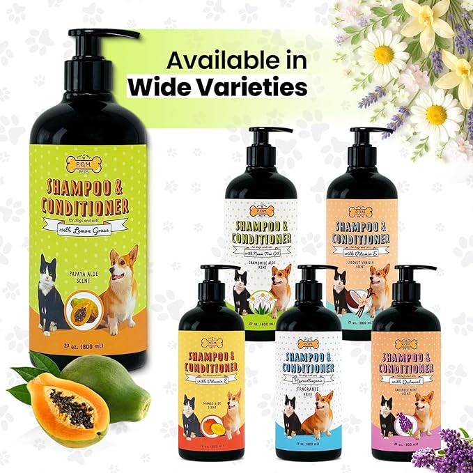 POM Pets 2-in-1 Organic Dog Shampoo & Conditioner – Itchy Skin Relief, Dog Deshedding, Detangles Fur, Cat Shampoo, Paw Cleaner for Dogs, Natural Coat Defense Formula