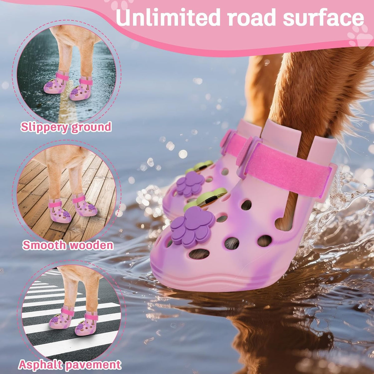 Dog Shoes for Hot Pavement, Adjustable Magic Tape Boots for Small, Medium & Large Dogs, Anti-Slip, Easy to Clean Paw Protectors for Beach, Outdoor & Hot Weather (Pink L)