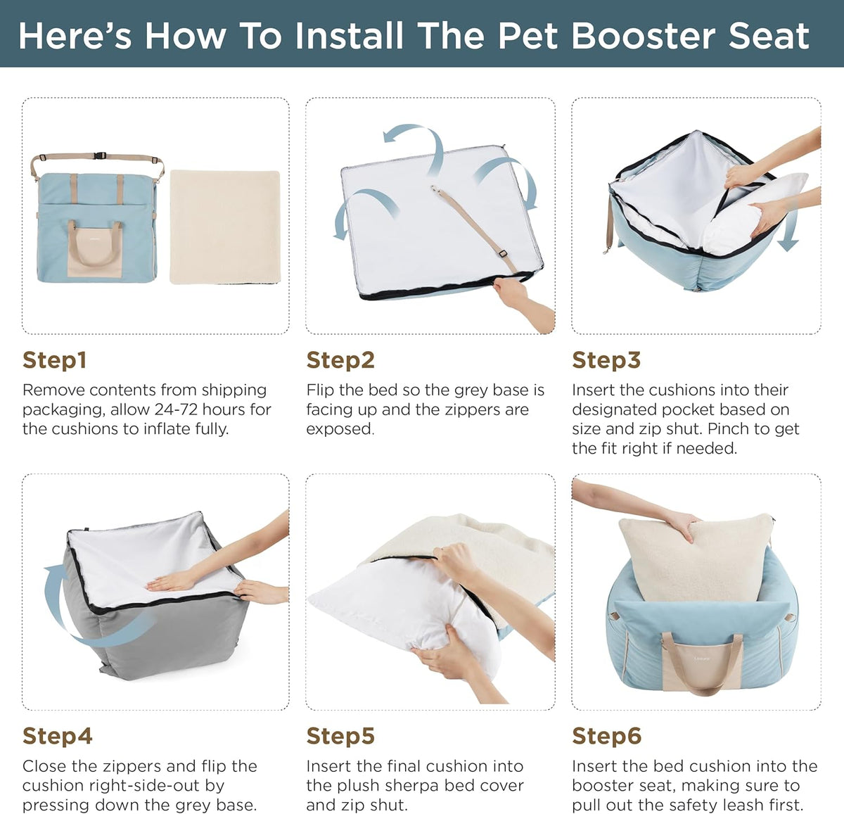 Lesure Small Dog Car Seat for Small Dogs - Soft Dog Booster Seat for Car with Storage Pocket and Clip-On Safety Leash and Thickened Memory Foam Filling, Pet Travel Carrier Bed, Light Blue