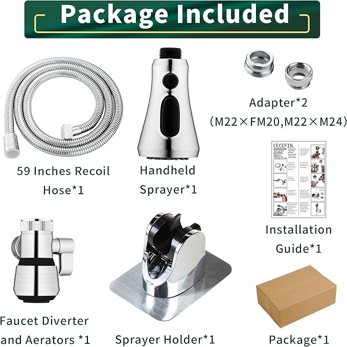 CECEFIN Kitchen Faucet Hose Attachment, Sink Sprayer Replacement Head with 4.9 Ft Stainless Steel Hose, Water Saving Aerator with 3-Way Diverter Valve for Hair Washing Laundry Room and Pet Shower