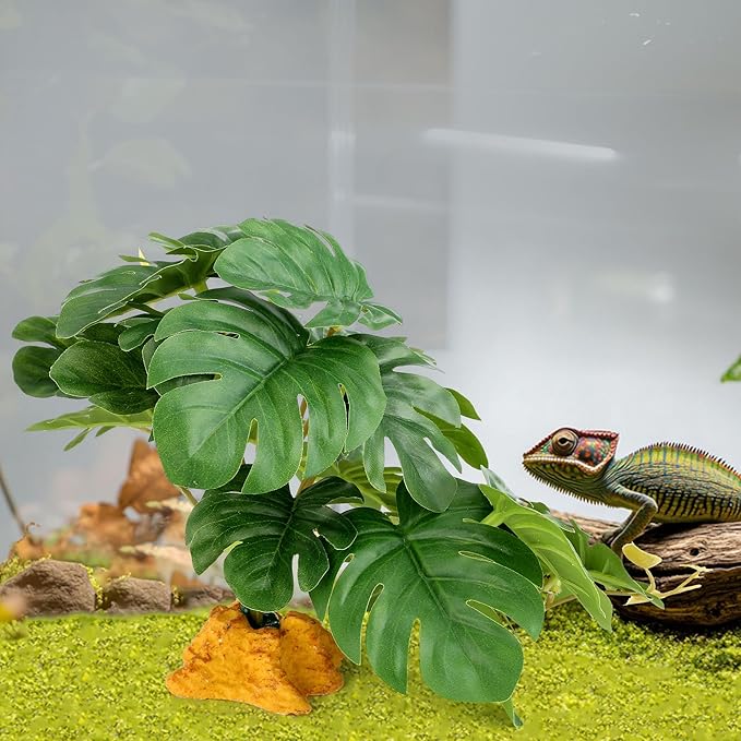 2Pcs Reptile Plants for Terrarium, Amphibian Habitat Decor Plant, Snake Tank Accessories, Artificial Plants for Gecko Lizard Chameleon Tortoise with Base - Fake Monstera