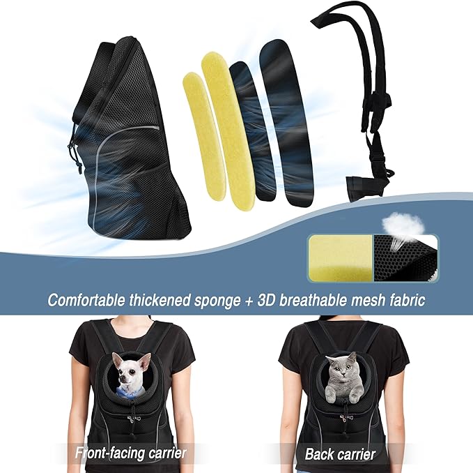 WOYYHO Pet Dog Carrier Backpack Small Dog Front Backpack Ventilated Dog Carrier Back Pack with Storage Pockets, Adjustable Straps & Safety Belt for Travel Hiking Outdoor (Size M: 5-9 lbs, All Black)