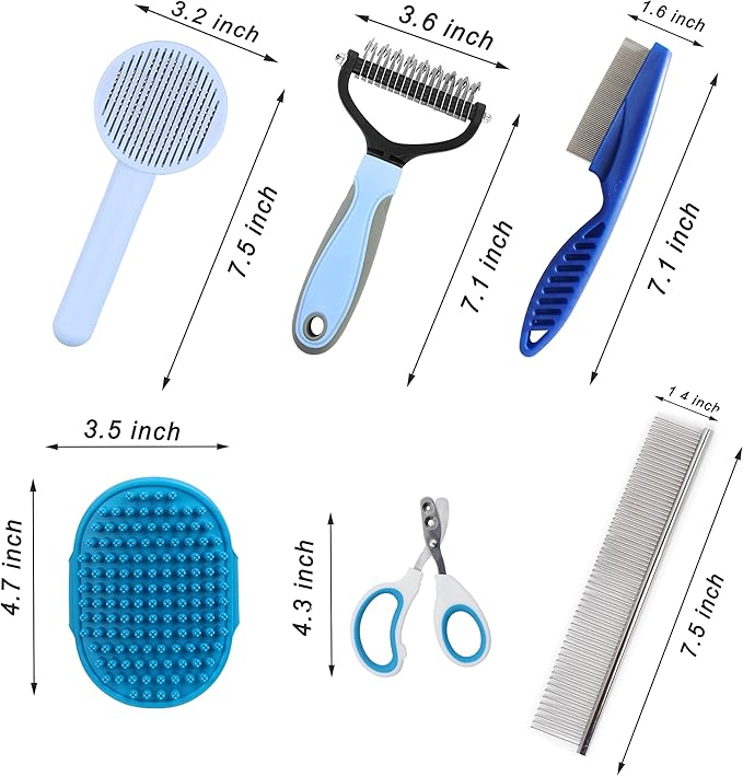 Cat Grooming Brush Kit 6 Tools - Deshedding & Dematting for Long/Short Hair, Self-Cleaning Slicker Brush with 6-in-1 Flea Comb for Cats & Kittens (Blue)