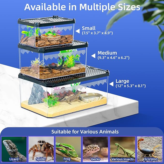 High-Transparency Reptile & Insect Enclosure Terrarium with Magnetic Door, Excellent Ventilation, Easy Cleaning, and Strong, Long-Lasting Build for Gecko, Tarantula, Hermit Crab (9.3x6.2x4.6 Inch)