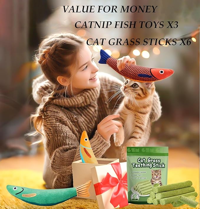 Cat Toys for Indoor Cats 9pcs Saury Fish Toy Catnip Toys Cats Interactive Toys Kitten Dental Gifts Cat Kicker Grass Stick Kitty Chew Plush with Bells