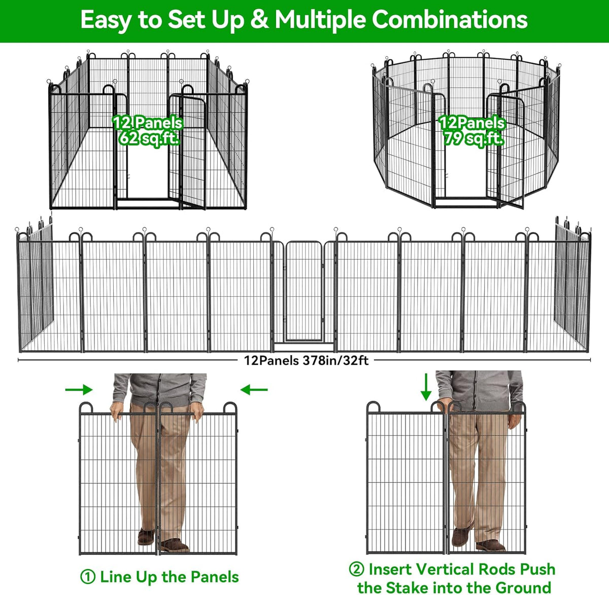 Dog Playpen Outdoor 12 Panels Heavy Duty Dog Fence 47" Height Anti-Rust with Doors Portable for RV Camping Yard, Total 27FT, 58 Sq.ft, Snowy Black
