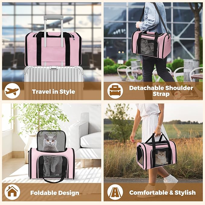 Cat Carrier Soft for Pets Up to 15 Lbs, Cat Travel Bag Soft-Sided with Padded Shoulder Strap, Pet Dog Carriers for Small Dogs Travel Puppy Carry Airline Approved, Pink