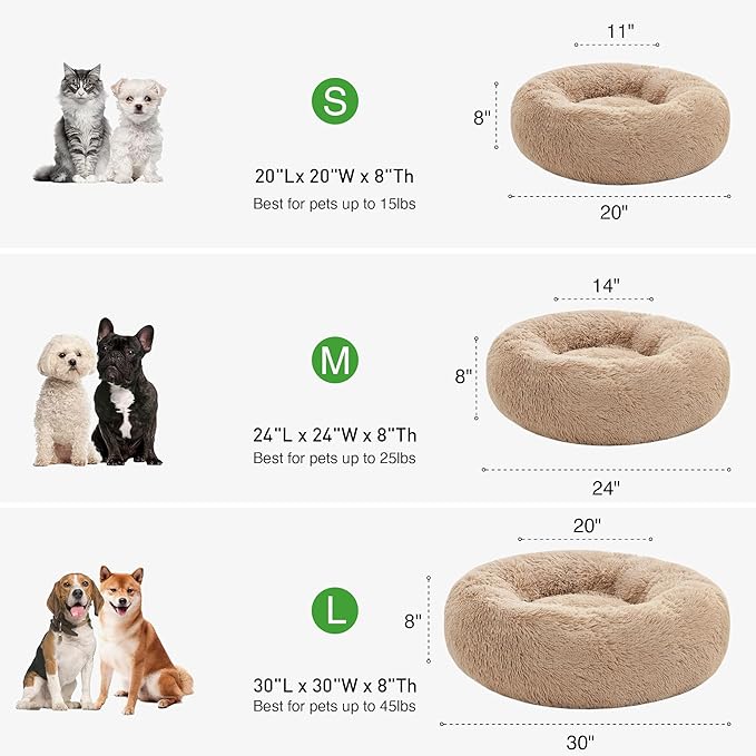 Love's Cabin Calming Dog & Cat Bed, Anti-Anxiety Donut Round for Indoor Cats, Small Medium Dogs, Fluffy Warming Pet Bed, Beige Taupe 20"/24"
