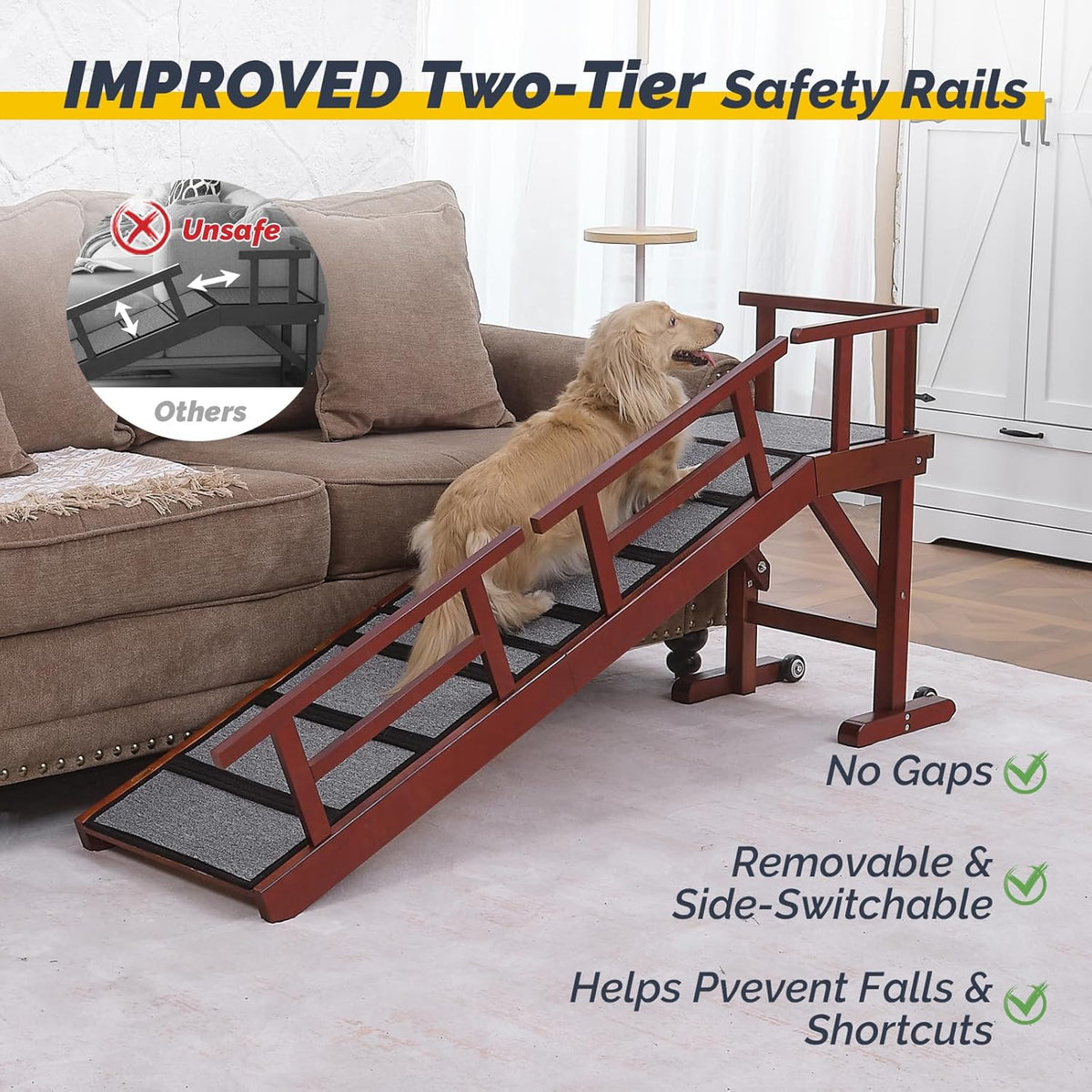 Dog Ramp for Bed or Couch, Wooden Pet Ramp with 20° Gentle Slope, Removable Side Rails, Non-Slip Surface, Top Platform & Wheels, Safe Bed Ramp for Small, Medium & Senior Dogs, 60" Long, Mahogany