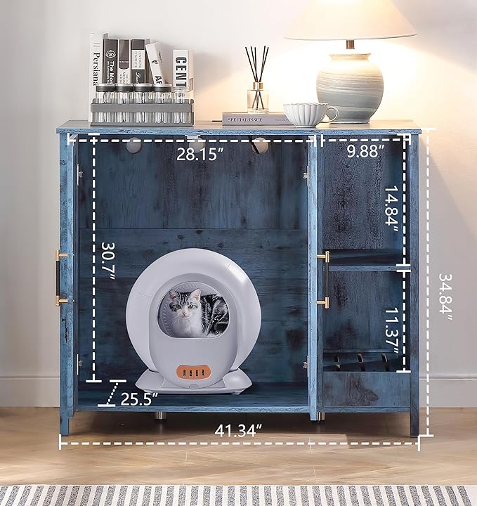 Cat Litter Robot Enclosure, Enclosure for self-Cleaning Litter Boxes,Adjustable Shelf for Dog Proof and Storage,Charging Station,Locks Added for cat,Large Indoor Cat House,Blue