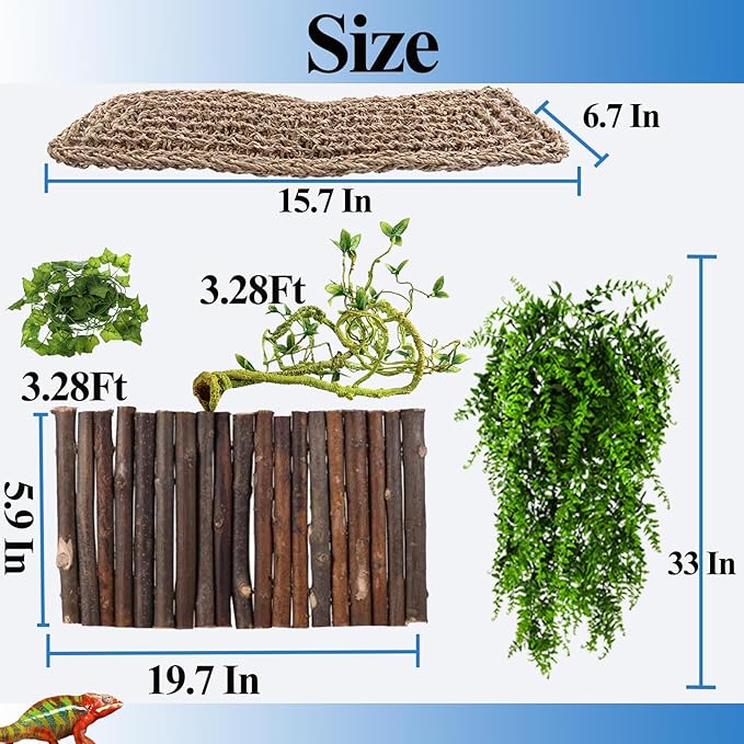 HERCOCCI Bearded Dragon Tank Accessories, Reptile Bridge Hammock Plants Jungle Climbing Vines Terrarium Decor for Bearded Dragon Snake Gecko Lizard
