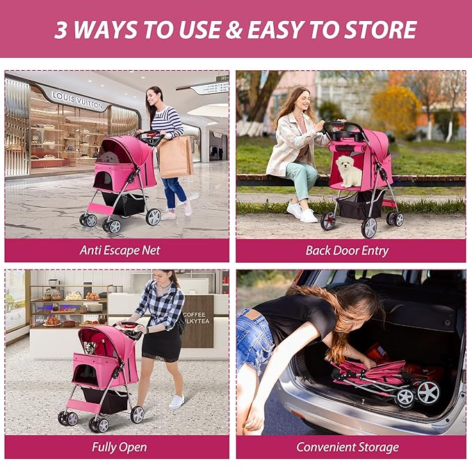 4 Wheels Pet Stroller for Small Medium Dogs Cats 10-33 lbs, Foldable Dog and Cat Stroller with Cup Holder & Storage Basket & Breathable Mesh, Pet Strolling Cart for All-Season, Pink