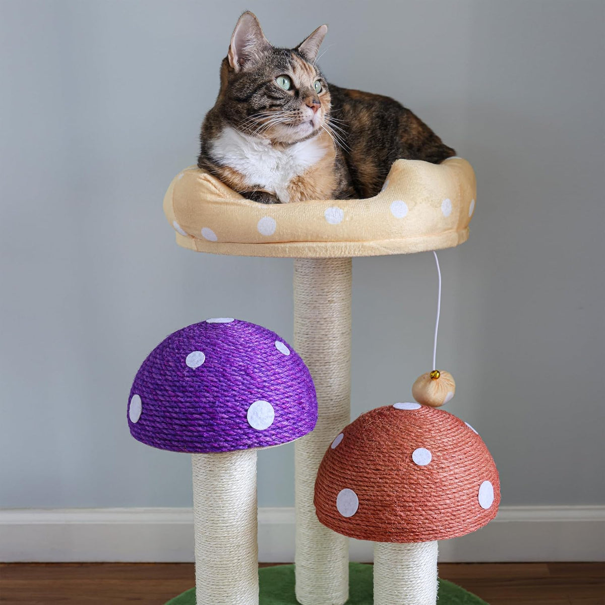 CTR1001A Pixie 22.5" 3-Tier Cottage Sisal Mushroom Cat Tree with Scratching Posts, Napping Perch, and Dangling Bell Toy, Multi