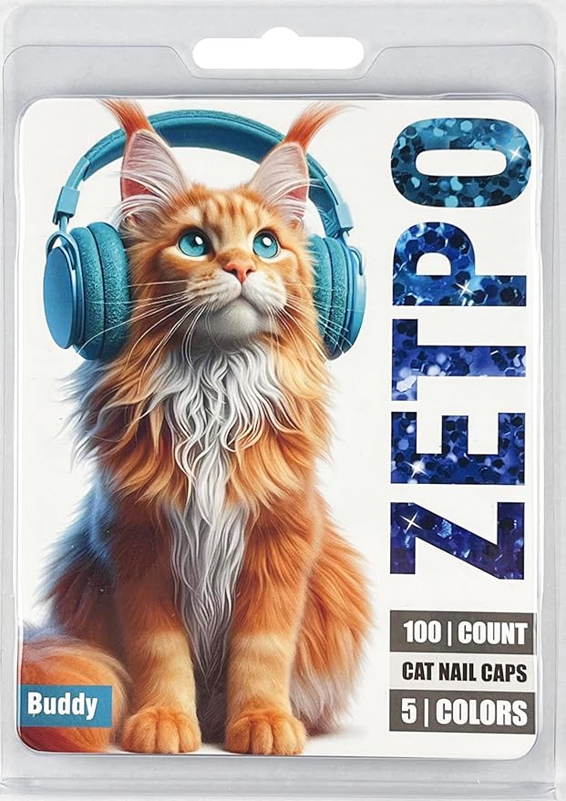 zetpo 100 pcs Cat Nail Caps | Cat Claw Covers | with Adhesives and Applicators (L, 5X Blue Glitter Shades)