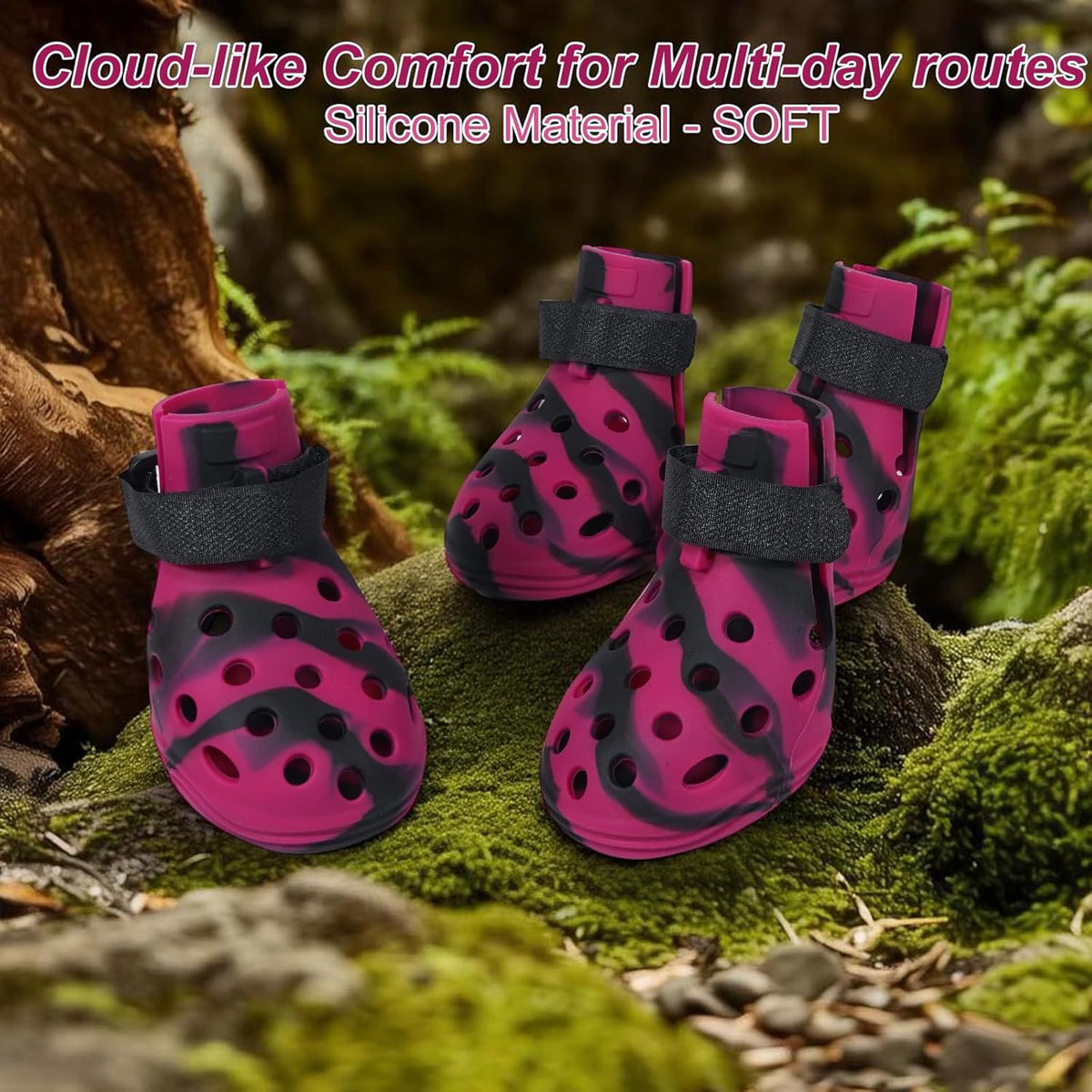 Dog Shoes for Hot Pavement and Snow, Silicone Dog Booties for Small Medium Large Dogs, Waterproof Paw Protectors- Non-Slip, Adjustable Straps, Dog Boots for Beach/Rain/Hiking (Black Pink, S)