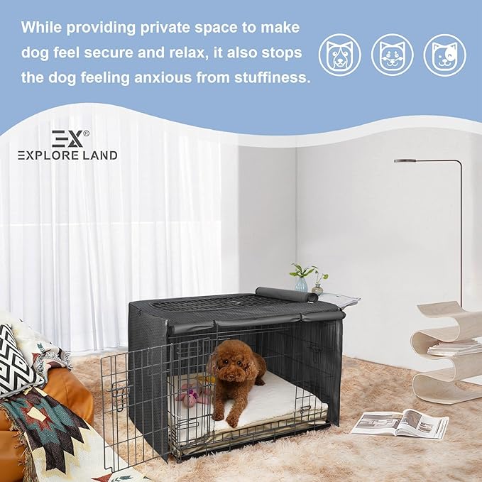 Explore Land Dog Crate Cover for 36 Inches Wire Cage, Heavy-Duty Lattice Pet Kennel Enclosure Compatible with 1 2 3 Doors Standard Metal Cage (Black)