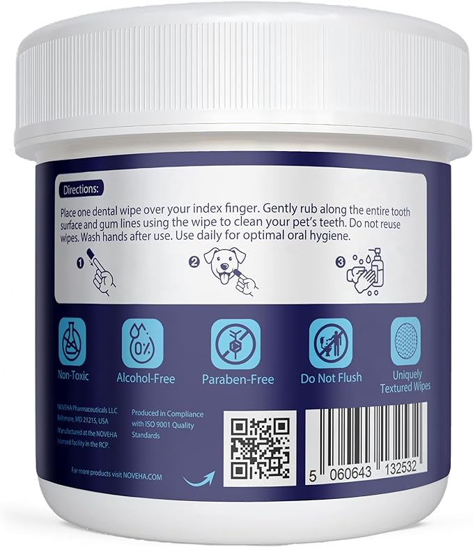 NOVEHA Pets Dental Finger Wipes for Dogs & Cats | Freshens Breath, Reduces Plaque | Healthier Gums | Clean Teeth No Toothbrush | Vet Recommended Effective Natural Oral Care (50 pcs, Flavor-Free)