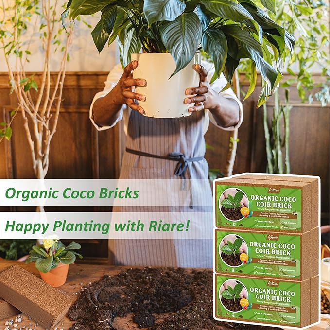 Riare 6pcs Organic Coco Coir Bricks Soil Blocks- 100% Natural Compressed Coco Peat Brick Coconut Fiber Substrate with Low EC& pH Balance, High Expansion Coco Coir Pith Coconut Husk for Garden