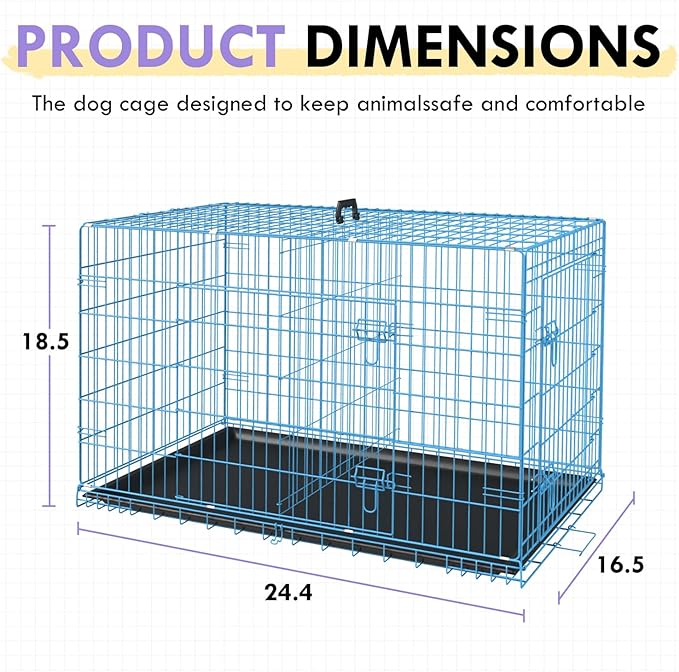PayLessHere Small Dog Crate Kennel 24 inches Metal Dog Cage Double-Door Folding Travel Indoor Outdoor Puppy Playpen with Divider and Handle Plastic Tray,Blue