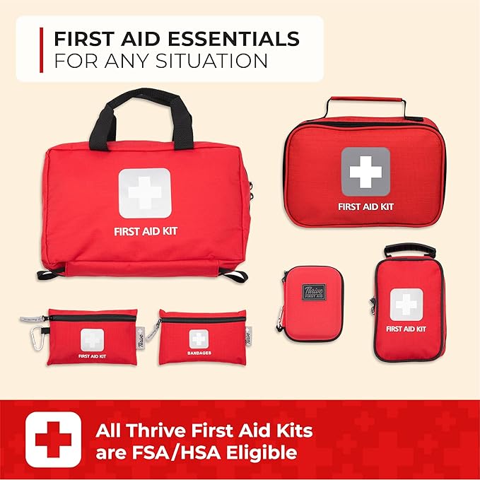Thrive First Aid Safety Kit - 100-Piece Bag - Compact Waterproof Rip-Stop Nylon Pouch - Multi-Size Bandages, Antiseptic Wipes & Safety Pins for Car & Travel