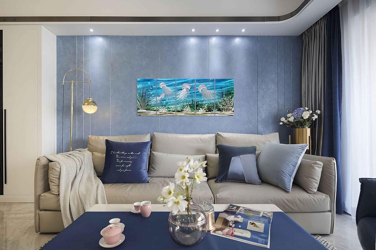 SYGALLERIER Coastal Metal Wall Art Handcrafted 3D Jelly Fish Aluminum Artwork Modern Sea World Pictures Contemporary Abstract Sculpture for Living Room Bedroom Bathroom Decor