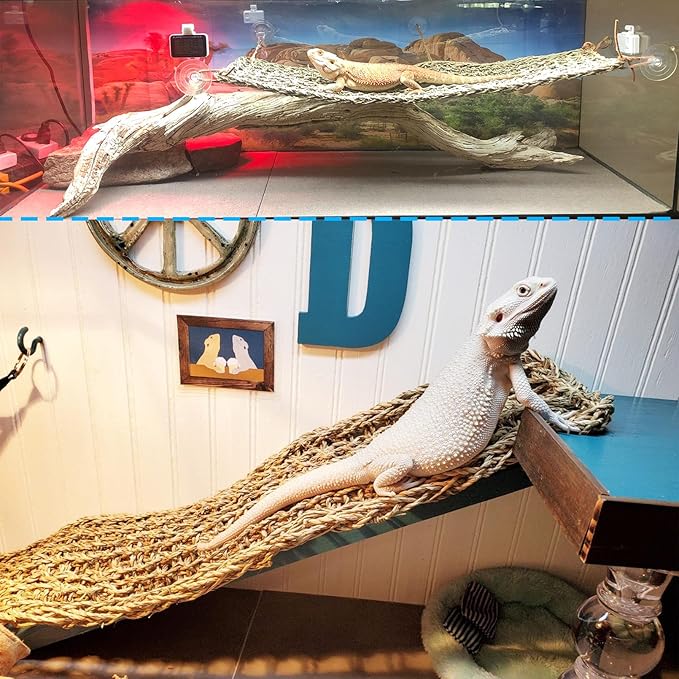 kathson Bearded Dragon Large Hammock,Lizard Lounger 29.53x7.08inches Natural Seagrass Fibers Pet Recliner Flexible Vine Decoration for Gecko Chameleon Snakes (4 PCS)