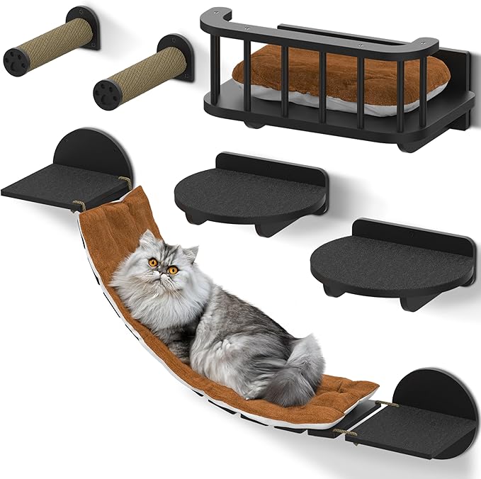 FURRY VIBES Cat Wall Shelves & Perches – 7-in-1 Cat Wall Furniture Set with Bed, Climbing Steps, Scratcher & Bridge Ladder – Black Bamboo Wall Cat Shelf for Indoor Cats