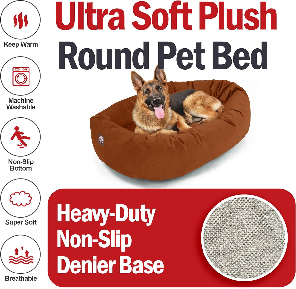 Majestic Pet 52 Inch Suede Shredded Memory Foam Mix Calming Extra Large Dog Bed Washable 52 x 35 x 11 (Inch) - Cozy Soft Round Donut Dog Bed with Spine for Head Support - Pet Bed Rust