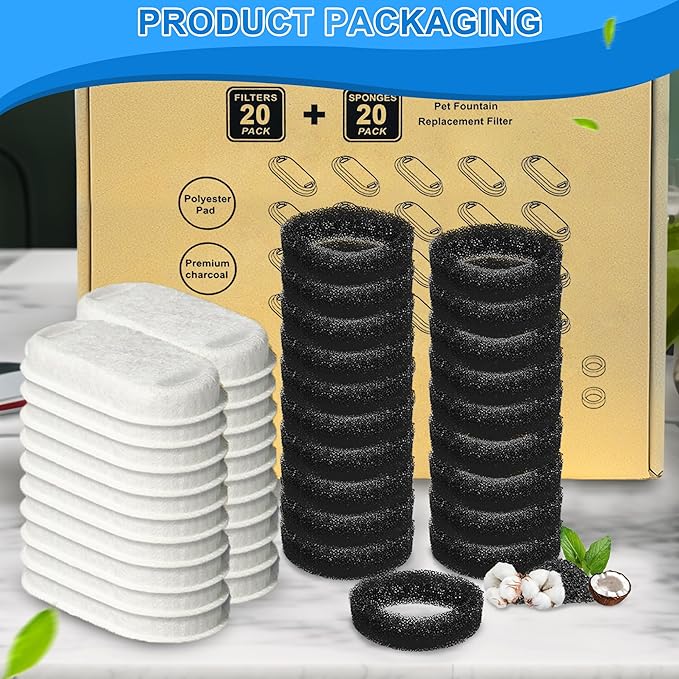 Cat Water Fountain Filters, 40 Pack Cat Replacement Filters for Stainless Steel 108oz/3.2L& 67oz/2L adjustable Flow Pet Water, Dog Fountain Filter(20 + 20 Pack)