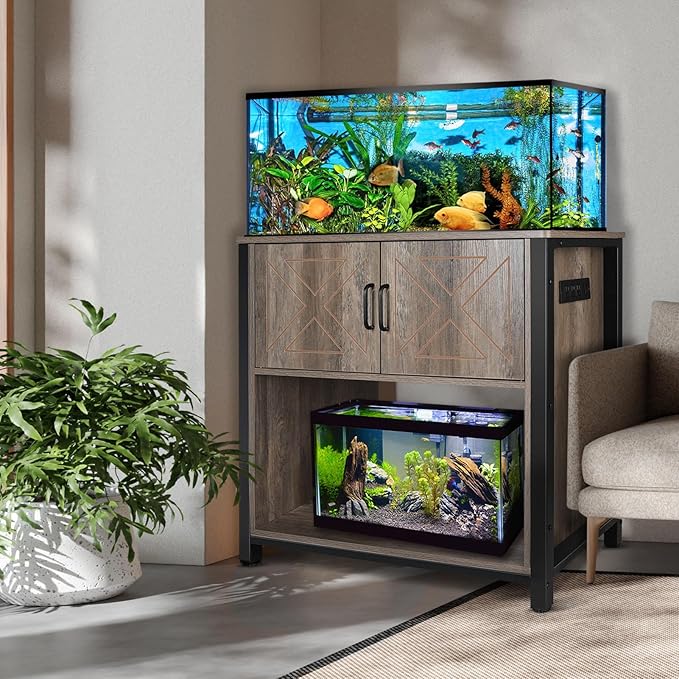 40 Gallon Aquarium Stand with Cabinet & Power Outlets, Heavy Duty Metal Stand for 40-50 Gallon Breeder & Turtle Tanks, Double Terrarium Stand, 660LBS Capacity, Grey