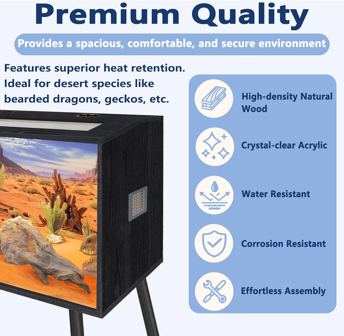 Prolee Reptile Terrarium, Lizard Tank Up to 68 Gallons, Bearded Dragon Tank with Roof Door, Snake Tank with Built-in Lamp Fixture and Switch, with Leg Stand (Black, 21 Gallons, 24" Length)