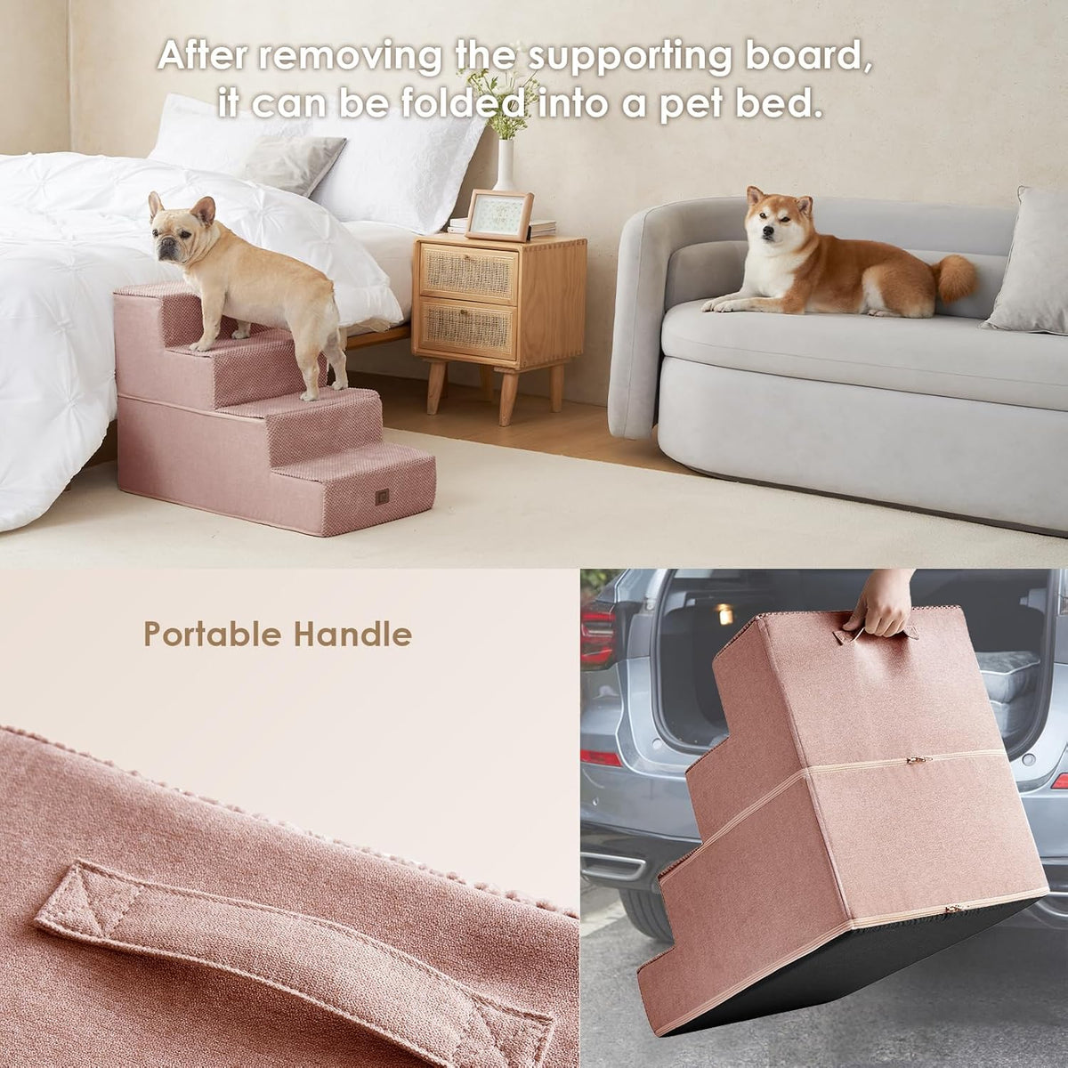EHEYCIGA Dog Stairs for Bed 20" H, 4-Step Extra Wide Dog Steps for High Bed, Pet Steps for Small Dogs and Cats, Non-Slip Balanced Pet Ramp Indoor, Pink