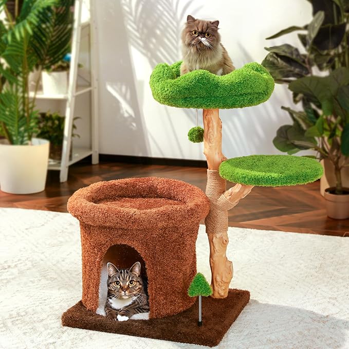 32-Inch Multi-Level Cat Tree Tower, Natural Wooden Cat Furniture with Sisal Scratching Posts, Beds & Condo, Cute Cat Tree for Indoor Cats, Multi-Cat Householdsolds