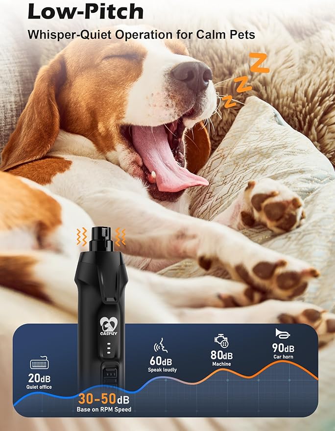 Casfuy 6-Speed Dog Nail Grinder – 50%+ Boost Power Dog Nail Trimmers Quiet with Dust Cap & 2 LED Lights & 2000mAh Battery & 4.8V Motor Electric Pet Toenail File Tool for Large Medium Small Dogs Cats