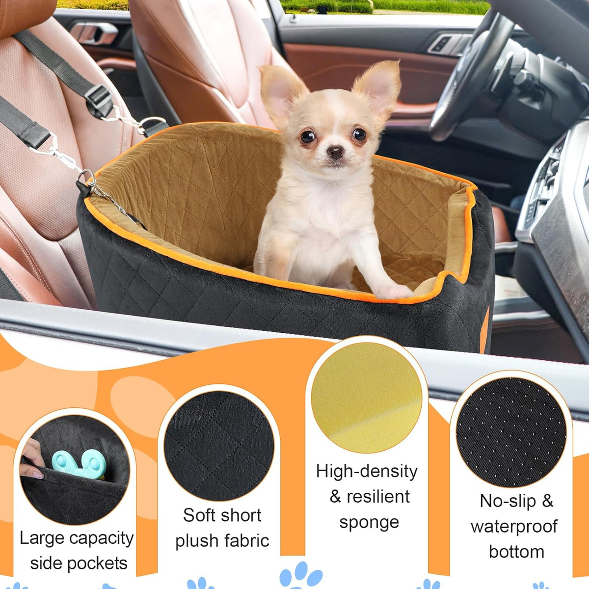 Dog Car Seat for Small Dogs, Memory Foam Booster Dog Seat for Dogs up to 35 lbs, Elevated Pet Car Seat with Washable Removable Cover, Storage Pockets