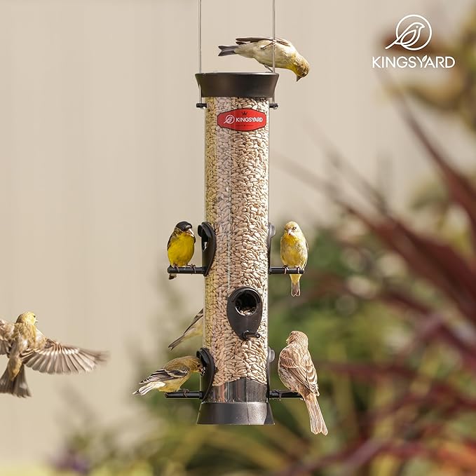 Kingsyard 2 Pack Tube Bird Feeder for Outdoors Hanging, Removable Base and Perch, 6 Feeding Ports - Easy to Clean, Premium Hard Plastic, Attracting for Finches Cardinals (Black)