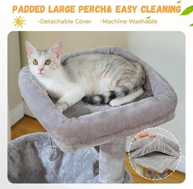 PAWZ Road Large Cat Tree, 41 Inches Multi-Level Cat Tower with 2 Spacious Condos for Indoor Cats, Large Cat House with Comfy Hammock, Padded Perch, Scratching Pad and Replaceable Balls-Gray