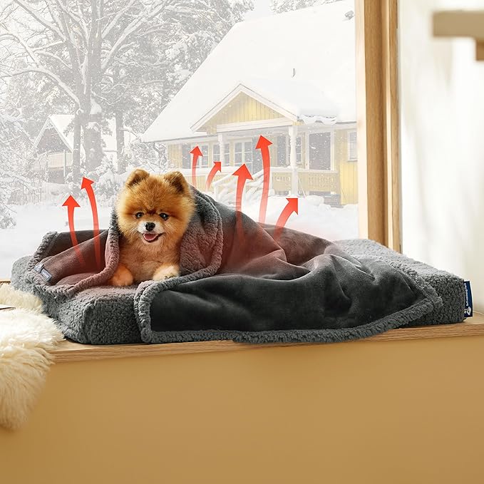 Bedsure Self Warming Blanket for Small Dogs & Cats - Waterproof, Washable, Sherpa Fleece Puppy Blanket, Soft Plush Reversible Throw, 25"X35", Grey