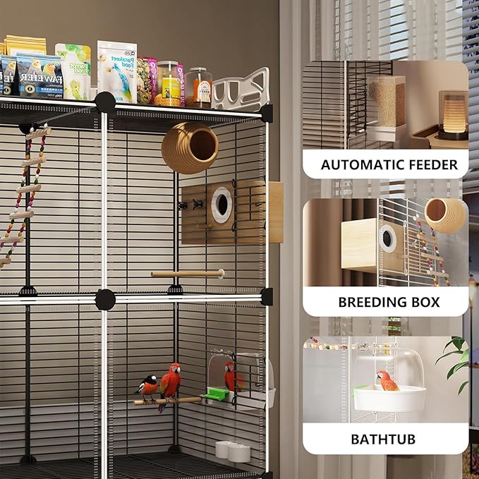 Large Parrot Cage with Acrylic Doors, 4 Casters, Perch & Feeder, Detachable Drawer, Ideal for Cockatiels, Budgies, Conures, Indoor/Outdoor Use – Spacious White Birdcage(Black,72 * 36 * 106)