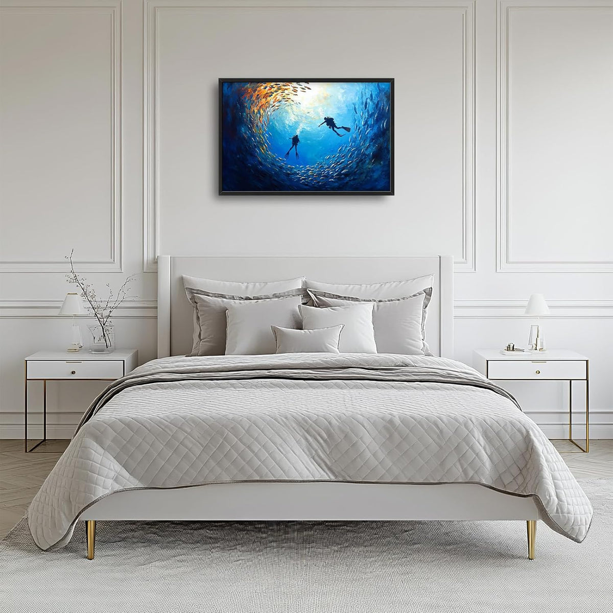 Large Ocean Diving Wall Art for Living Room, Framed Oversized Fish Wall Decor Underwater Marine Life Canvas Painting Modern Artwork for Living Room Bathroom Bedroom Office Dining Room 36"x24"