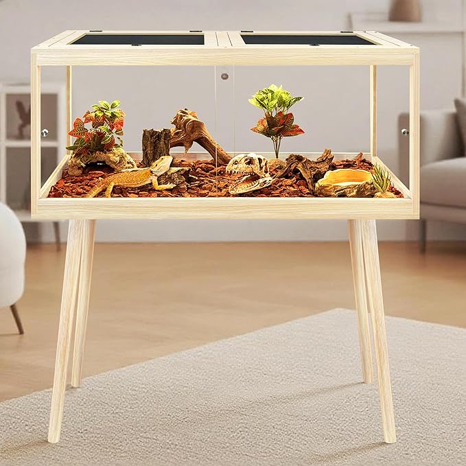 Prolee Bearded Dragon Tank with Leg Stand,Wooden Lizard Tank,Reptile Tank with Metal Mesh Roof Door, Acrylic Panel Snake Tank with Lock Design (Oak, 48"x20"x20")