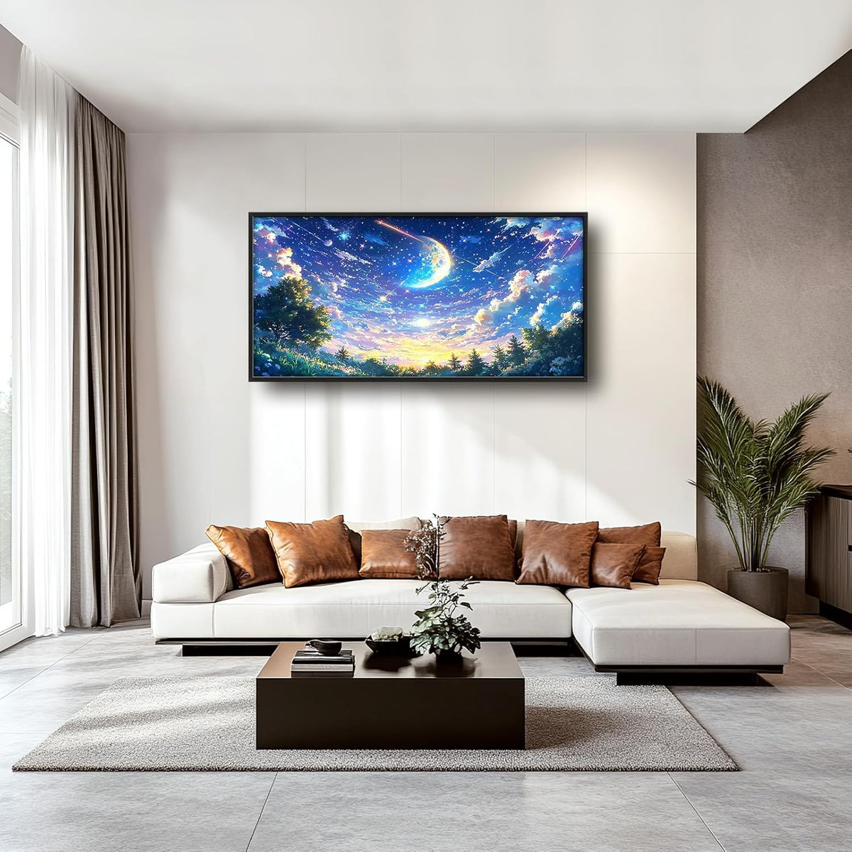 Framed Large Anime Sky Wall Art for Living Room, Oversized Fantasy Night Sky Forest Wall Decor Nature Canvas Painting Modern Artwork Home Decoration for Living Room Bedroom Office 60"x30"