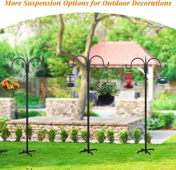 FEED GARDEN Adjustable Double Shepherds Hook for Outdoor with 5 Prong Base 108 Inch Heavy Duty Two Sided Bird Feeder Pole for Hanging Plant Baskets, Solar Light Lanterns, Wind Chimes 2 Pack